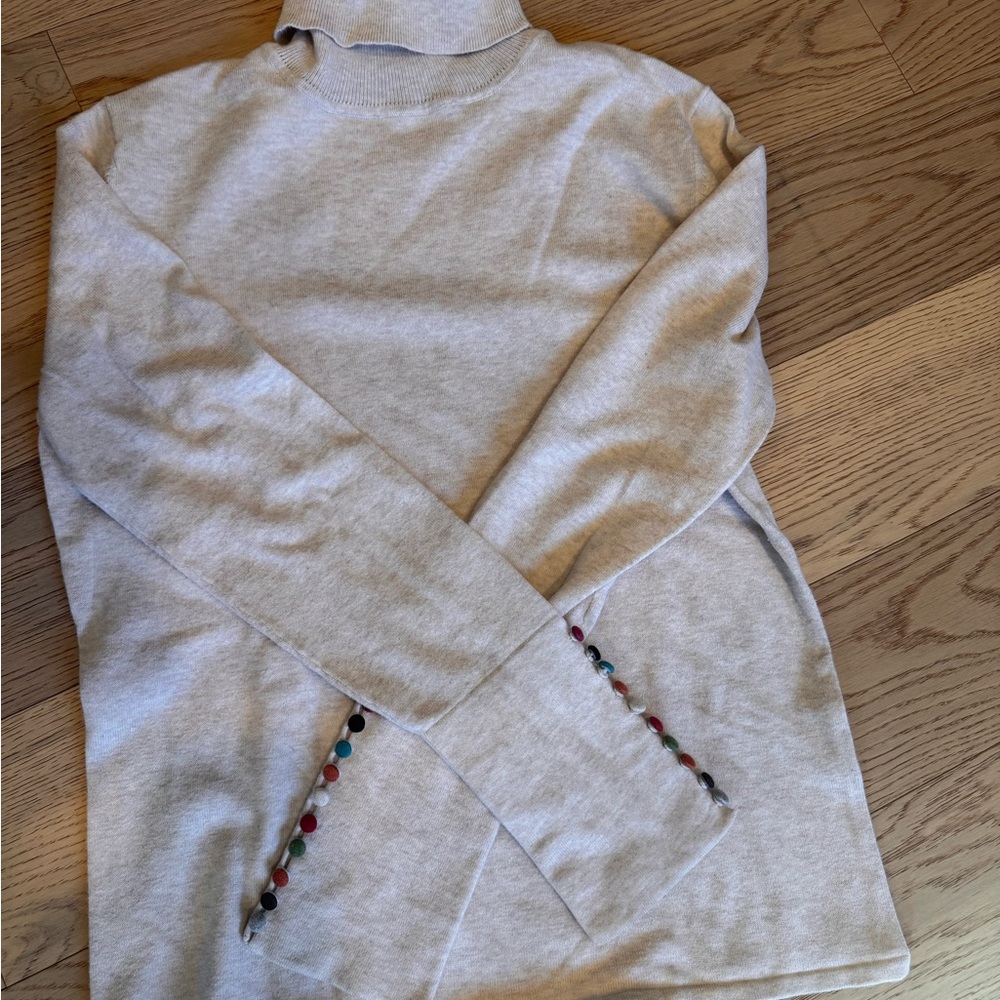 Robert Kitchen Cream Knit Sweater Turtleneck with Colorful Buttons